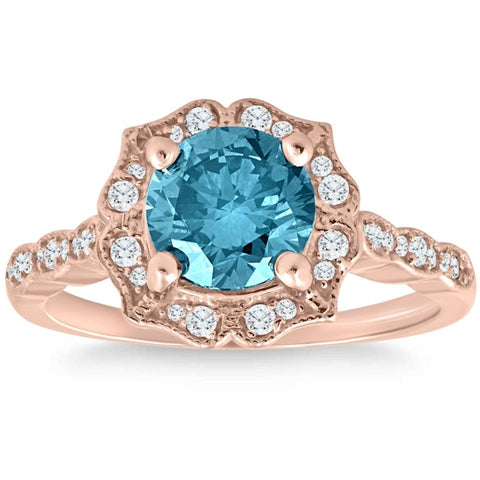 2Ct TW Blue & White Diamond Halo   Engagement Ring 14k Rose Gold