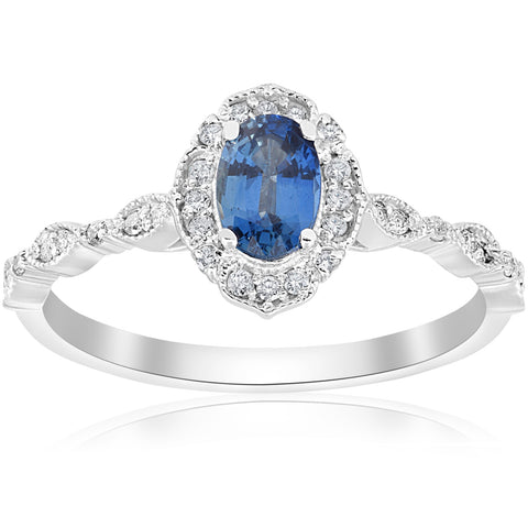 Blue Sapphire   Halo Diamond Engagement 3/4ct Ring 14k White Gold Antique