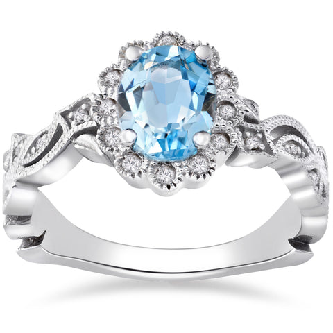 1 ct Oval Blue Topaz & Diamond   Halo Vine Petal Ring 14k White Gold