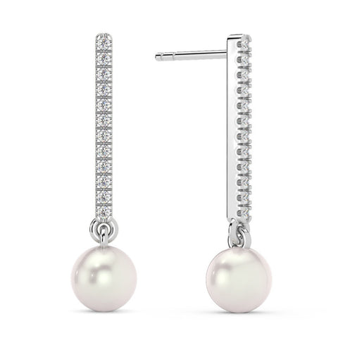 6mm Pearl & Diamond Dangle Earrings Women's 14k Gold Earrings Lab Grown 1" Tall