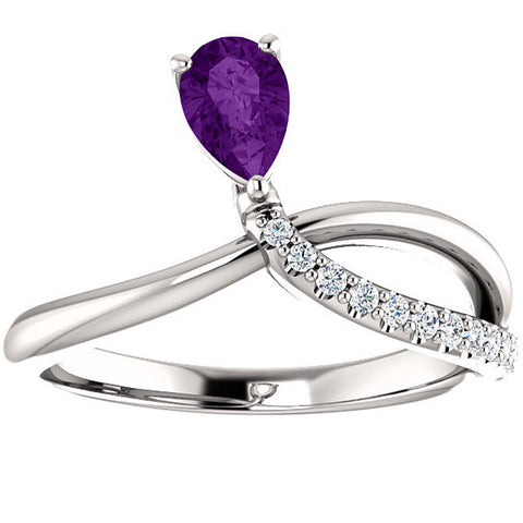 1/2 Ct Amethyst Pear Shape Unique Diamond Ring 14k White Gold