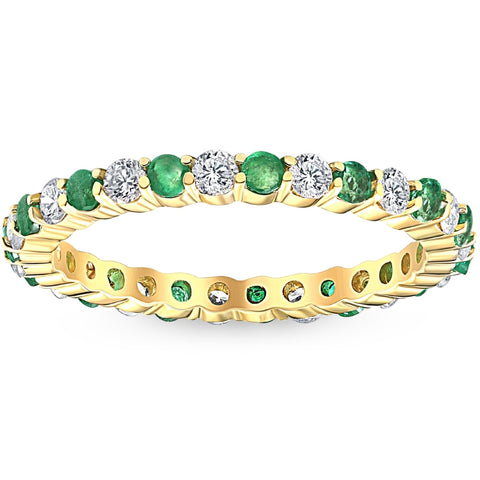 1 cttw Emerald & Diamond Wedding Eternity Stackable Ring 10k Yellow Gold