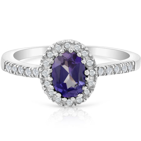 3/4 Ct Diamond Oval Halo Amethyst Ring 14k White Gold