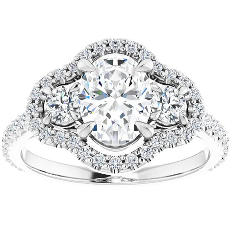 1 3/4 Ct Three Stone Halo Diamond & Oval Moissanite Engagement Ring White Gold