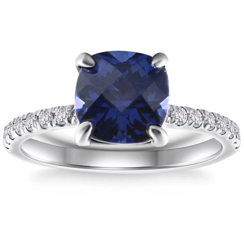 VS 2 1/3Ct TW Cushion Blue Sapphire & Diamond Ring in 14k White Gold