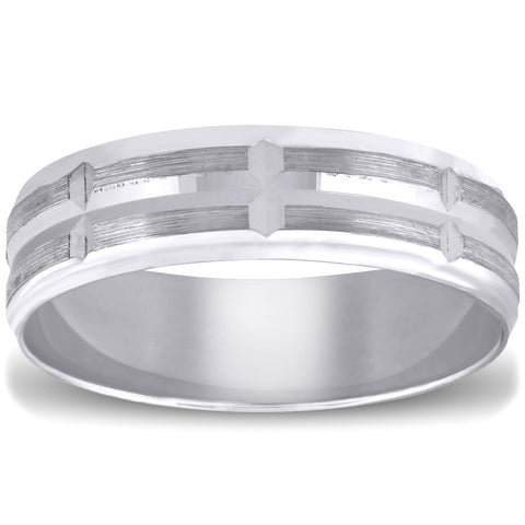 Mens 10k White Gold Ring Brushed Hand Carved Wedding Band