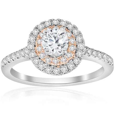 7/8 cttw Diamond Double Halo White & Rose Gold Engagement Ring 14Karat Solitaire