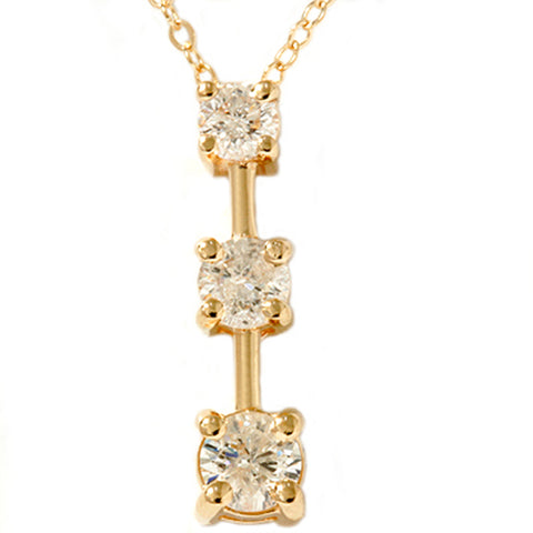 1ct Three Stone Diamond Stick Pendant Yellow Gold