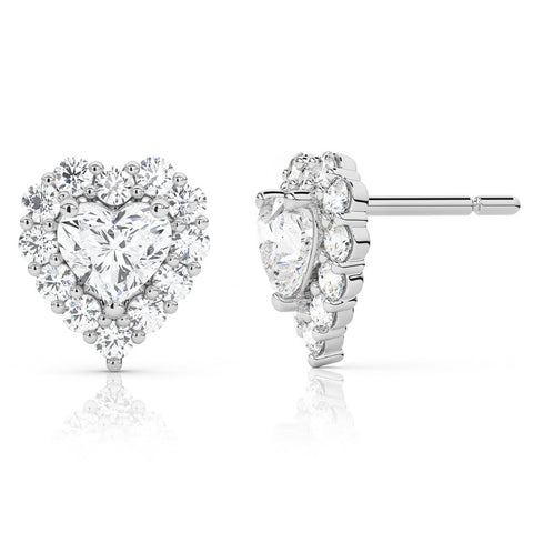 F/VS 1.30Ct Heart Shape Diamond Halo Studs White or Yellow Gold Lab Grown