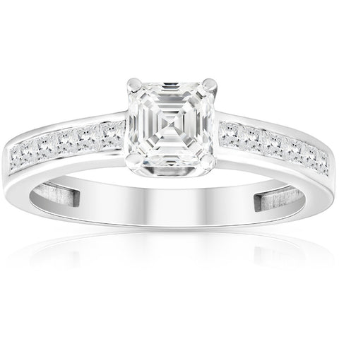 1Ct Asscher Cut Moissanite & Princess Cut Diamond Engagement Ring 14k White Gold