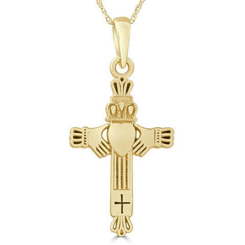 14k White or Yellow Gold Gold Celtic Cross Claddagh Pendant Necklace 1" Tall