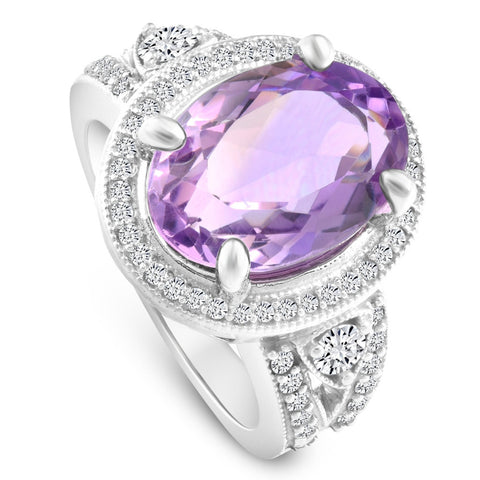 9 1/2ct Oval Amethyst   Halo Diamond Ring 14k White Gold