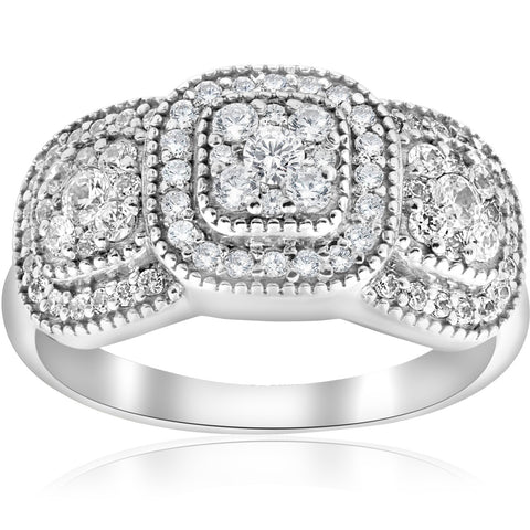 3/4ct 3-Stone Pave Cushion Halo Diamond Engagement Ring   Deco White Gold