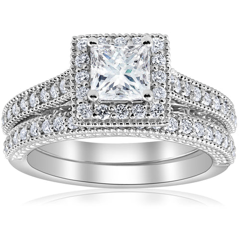 1 1/2ct Princess Cut Halo   Diamond Engagement Ring 14k White Gold