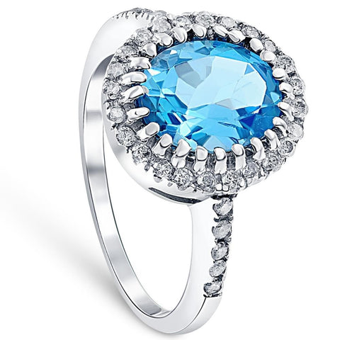 4 3/4 Ct Oval Blue Topaz Diamomnd Halo Ring 14k White Gold