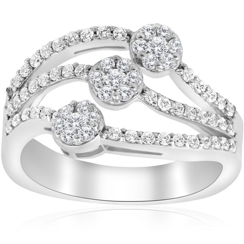 Diamond .90ct Ring 14k White Gold Multi Row Round Brilliant Cut Unique Wide Band