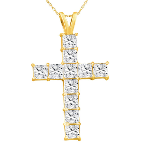 F/VS 5.80Ct Princess Diamond Cross Pendant Gold Necklace Lab Grown 1 1/2" Tall