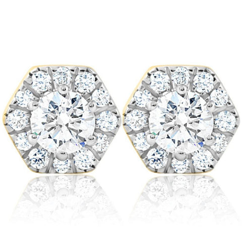 1Ct TW Diamond Studs Hexagon Halo Lab Grown Earrings White or Yellow Gold