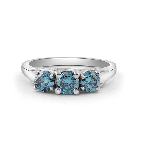 VS 1 Ct Blue Diamond 3-Stone Engagement Ring Lab Grown in White or Yellow Gold