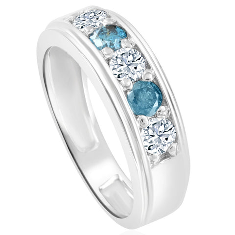 1 Ct T.W. Blue & White Diamond Mens Wedding Ring 5-Stone Anniversary White Gold