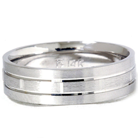 Mens 14K White Gold 6mm Brushed Comfort Fit Carved Wedding Band