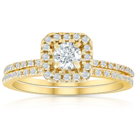 5/8 Ct TDW Diamond Cushion Halo Engagement Wedding Ring Set Yellow Gold