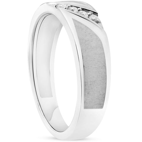 Mens 1/10ct White Gold Diamond Ring Flat Classic Bushed Wedding Anniversary Band