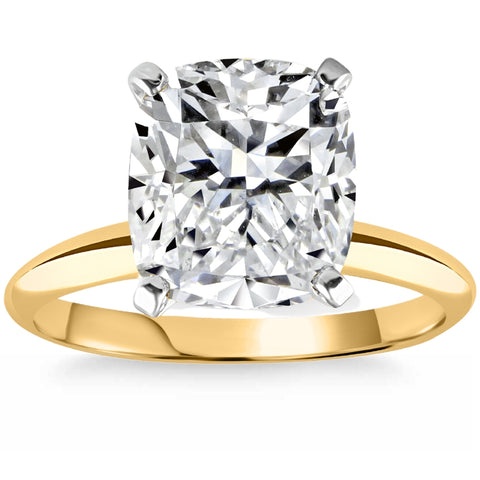 Certified 4.09Ct F/SI1 Cushion Solitaire Gold Diaimond Engagement Ring Lab Grown