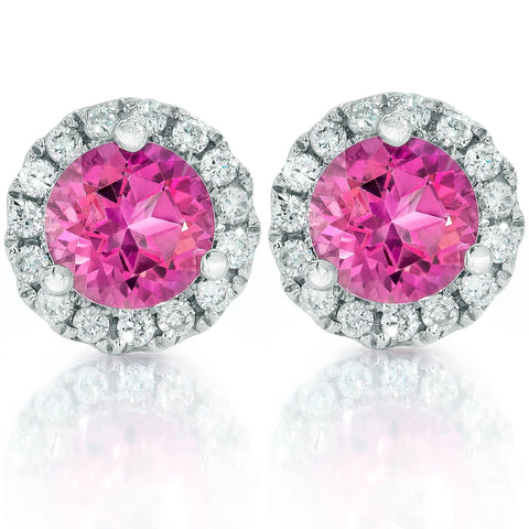 1ct Pink Topaz & Diamond Halo Studs 10K White Gold