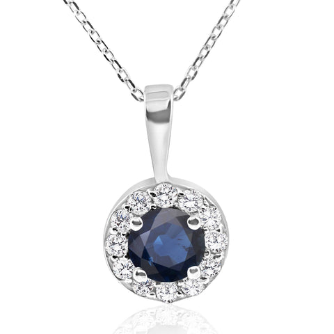 1 ct Blue Sapphire & Diamond Halo Pendant 14k White Gold & 18" Chain