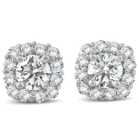 1 1/2ct Diamond Cushion Halo Studs 14k White Gold