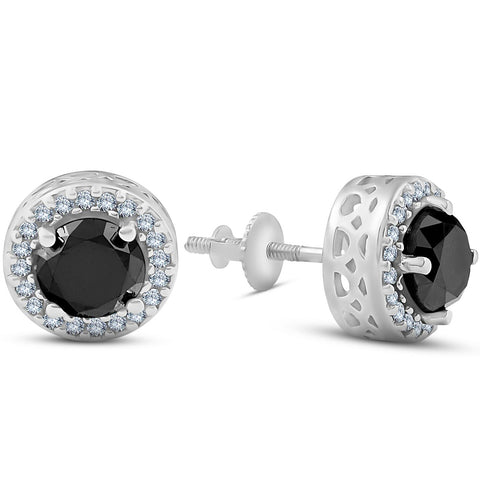 1ct Treated Black & White Round Diamond Halo Studs 14K White Gold