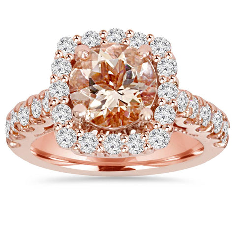 2 1/2Ct Morganite & Diamond Cushion Halo Engagement Ring 14K Rose Gold