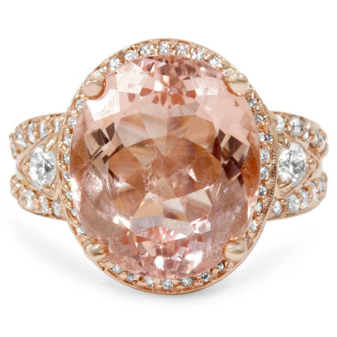 9ct Morganite & Diamond Engagement Ring 14K Rose Gold Halo Split Shank