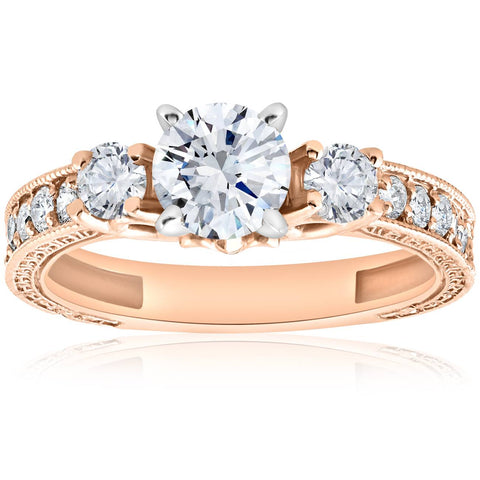 1 ct   Real Diamond 3 Stone Engagement Ring 14K Rose Gold Antique Round Cut