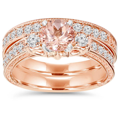 1 1/2Ct   Diamond & Morganite Engagement Wedding Ring Set 14K Rose Gold