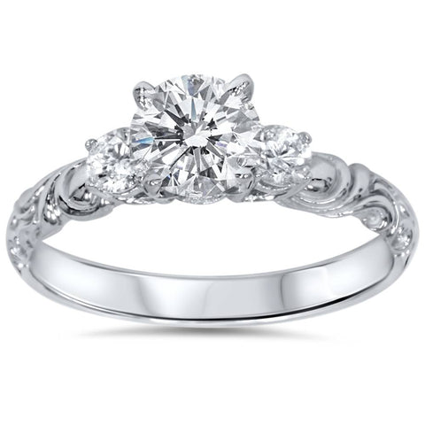 3/4 ct   3 Stone Art Deco Round Diamond Engagement Ring 14K White Gold