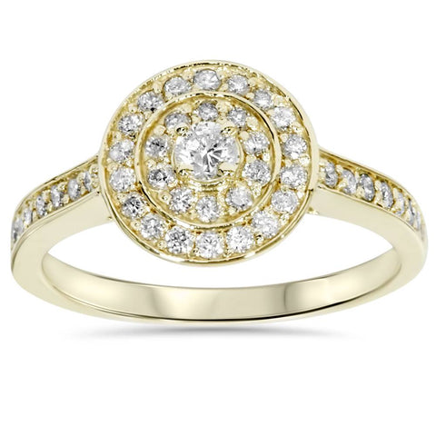 1/2 Carat Round Genuine Diamond Double Halo Engagement Ring 10 Kt Yellow Gold