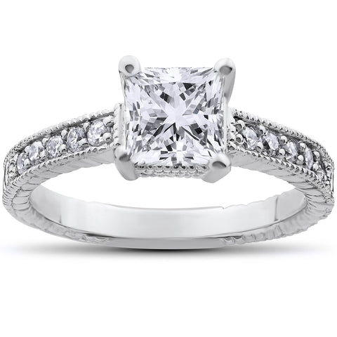 1 1/4ct Princess Cut Diamond   Hand Engraved Unique Engagement Ring 14k WG