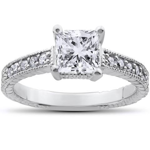 F/VS 1 1/4Ct Diamond Princess Cut Engagement Ring Vintage White Gold Lab Grown