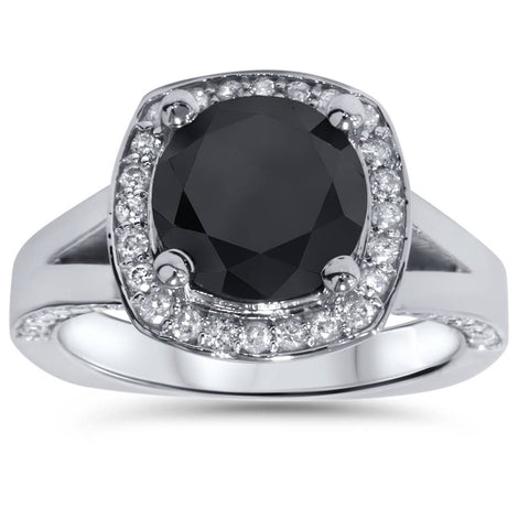 3 5/8 Ct Black Diamond Halo Split Shank Engagement Ring 14K White Gold