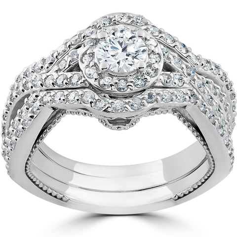 1 1/2ct Diamond Halo Engagement Trio Infinity   Ring Set 10k White Gold