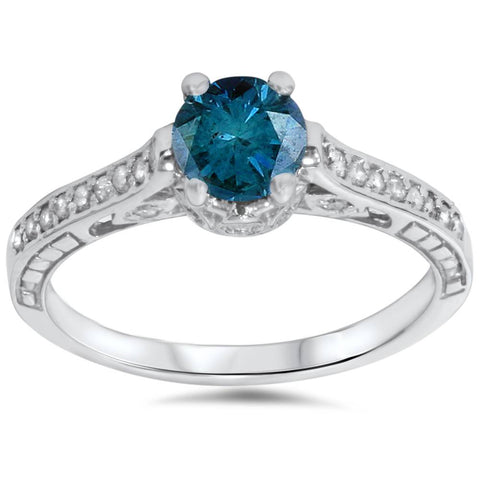 1 1/4ct   Treatd Blue Diamond Engagement Ring White Gold Round Solitaire