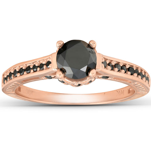 1 1/4ct   Round Cut Black Diamond Engagement Ring 14K Rose Gold