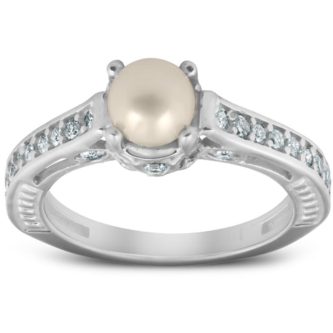 Diamond Pearl   Gatsby Style Ring 14K White Gold