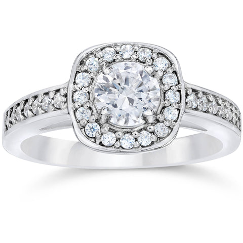 1ct Cushion Halo Diamond Engagement Ring 14K White Gold