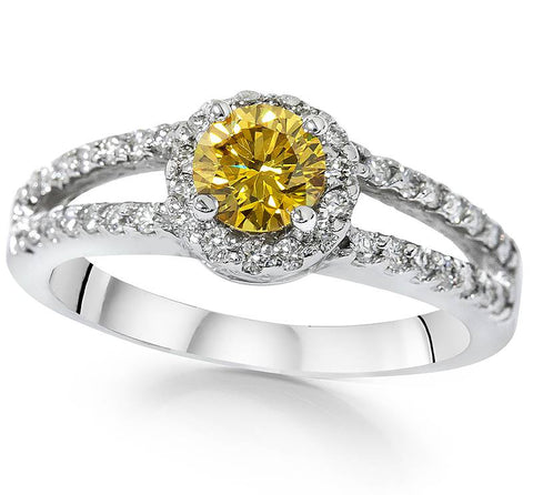 3/4Ct Yellow Color Lab Grown Diamond Halo Split Shank Engagement Ring White Gold