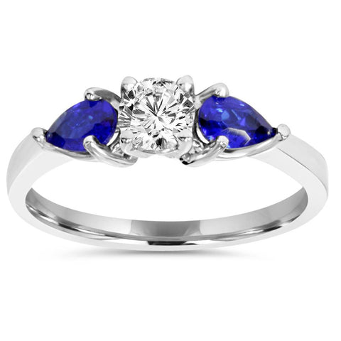 1ct Pear Shape Blue Sapphire & Diamond Engagement Ring 14K White Gold Lab Grown