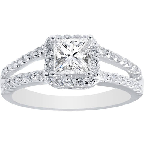 1ct Halo Split Shank Diamond Ring 14K White Gold