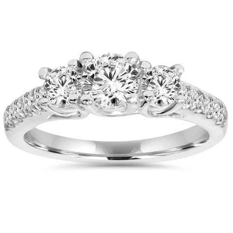 1 1/6ct 3 Stone Genuine Diamond Engagement Ring 14K White Gold